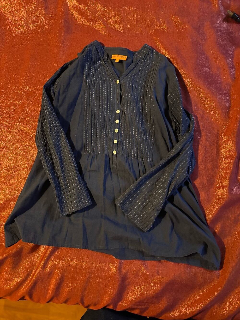 Roberta Freymann Tunic Womens L Navy Button Front Metallic Pinstripe V Neck Top